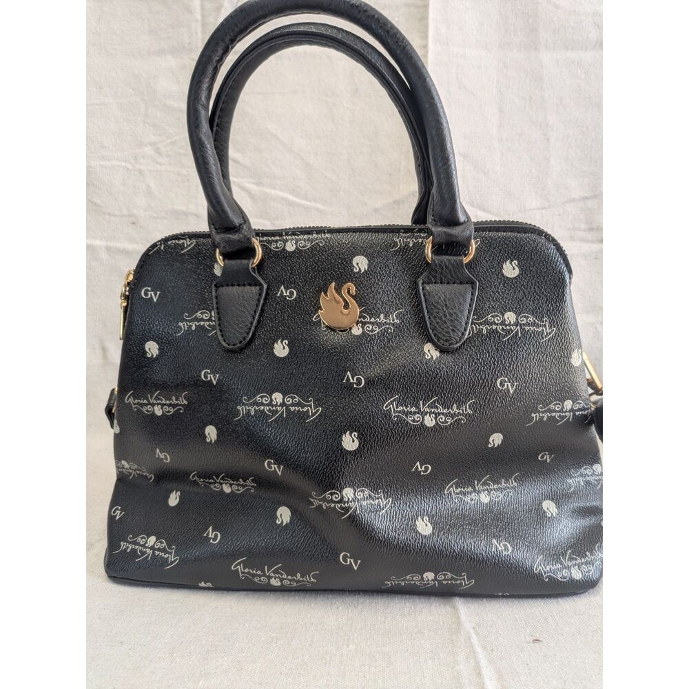 Gloria Vanderbilt Black Satchel Handbag Monogram Logo Crossbody Shoulder Bag